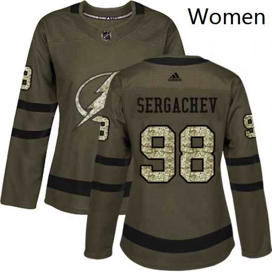 Womens Adidas Tampa Bay Lightning 98 Mikhail Sergachev Authentic Green Salute to Service NHL Jersey